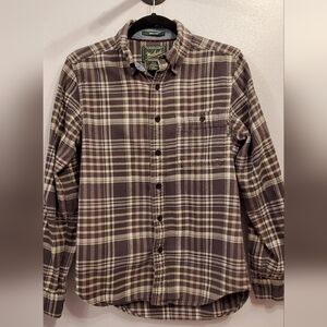 Woolrich Men's Trout Run White & Grey Plaid Flannel buttoned collar Size Small